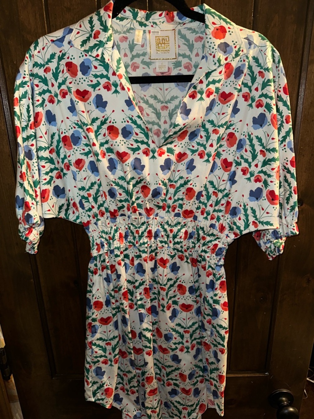 Smocked Waist Mini Dress in White with Red & Blue Floral Print